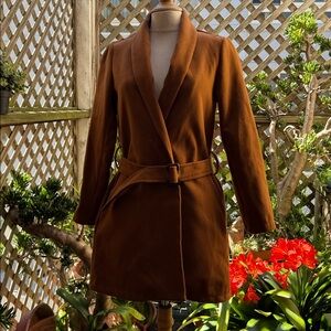 Boohoo Chestnut Brown Shawl Collar Belted Trench Coat, Size Small